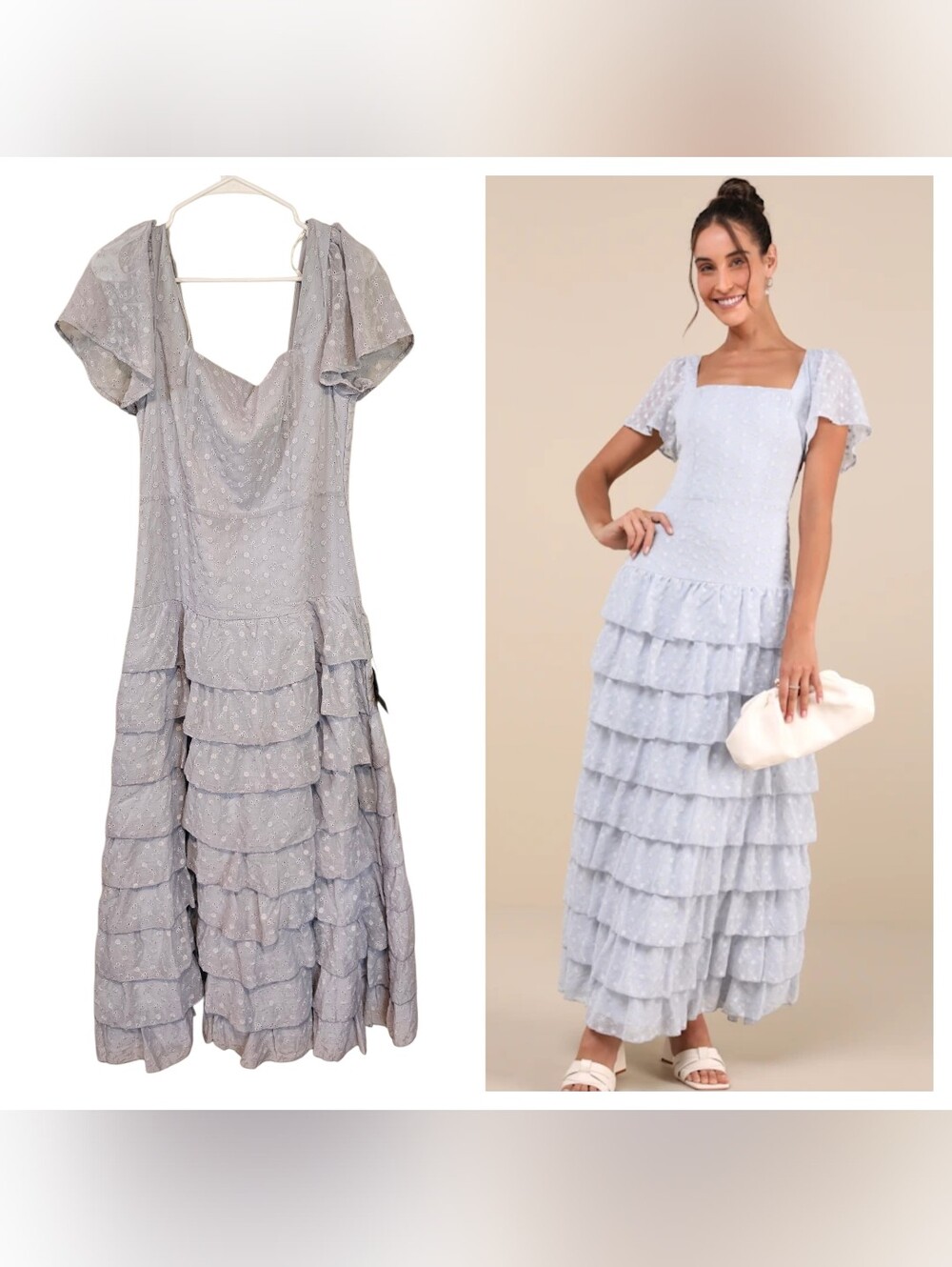 Lulu's Light Blue Floral Eyelet Tiered Maxi Dress Drop Waist Formal Wedding